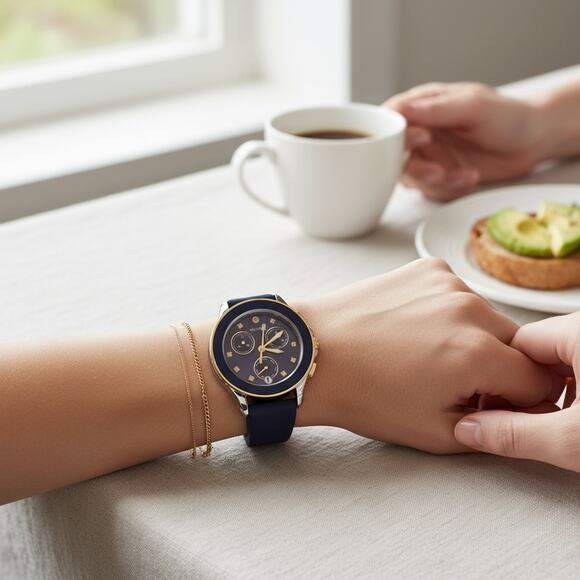 Michele Cape Chronograph Women’s Watch |Navy Blue Dial Rubber Strap | Swiss Made - Picture 8 of 9